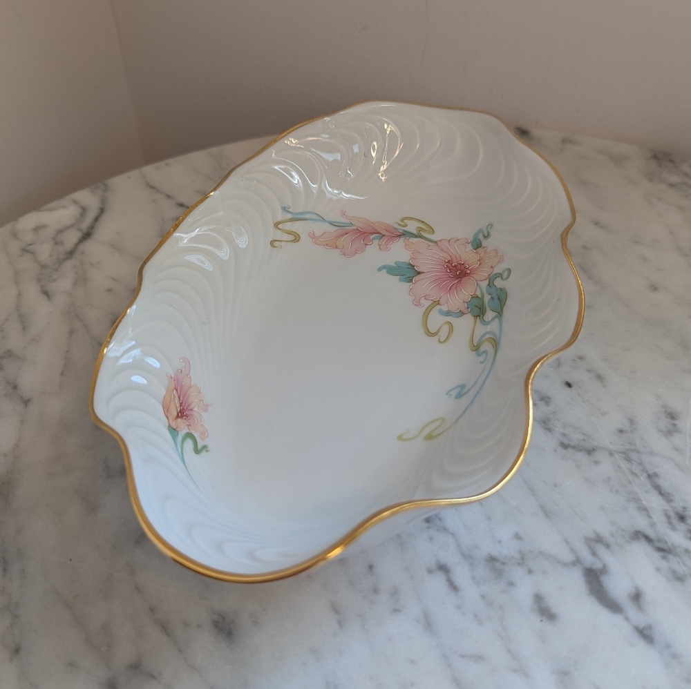 Vintage Limoges France Oval Serving Dish With Ruffled Gold Trim